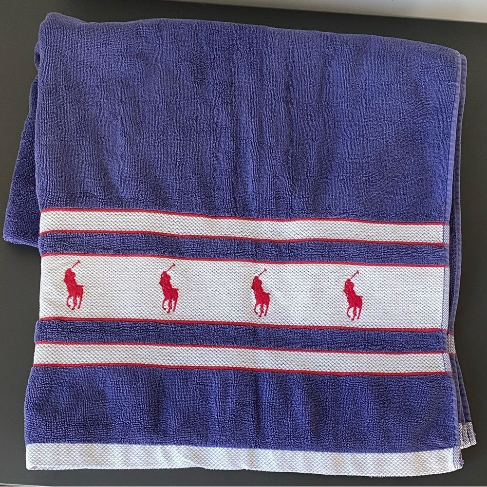 Ralph Lauren Blue and White Beach Towel Large Red Pony Embroidered